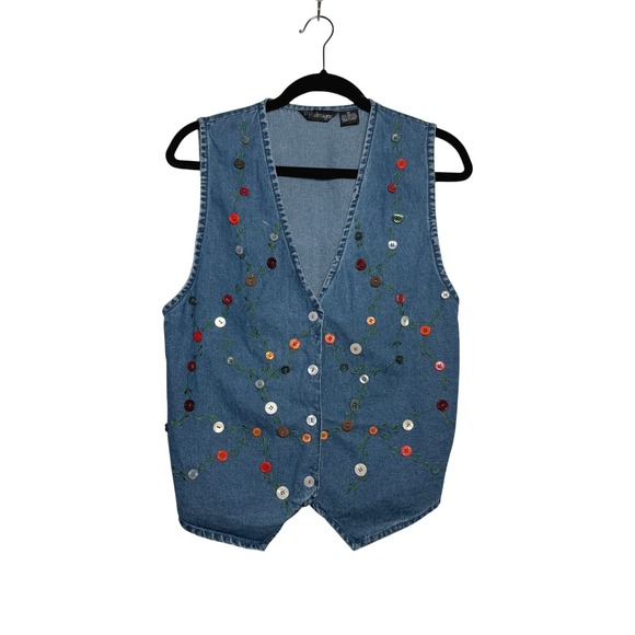 Vintage Denim Vest  Embroidered Button Floral Applique - Picture 2 of 7